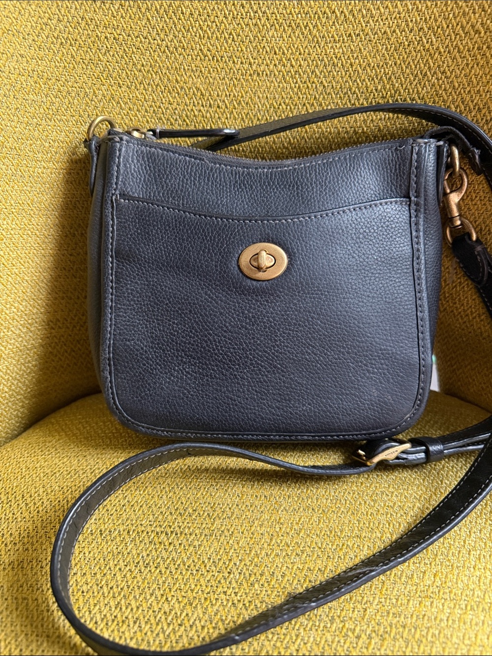 Coach Black Leather Crossbody with Gold-Tone Turnlock